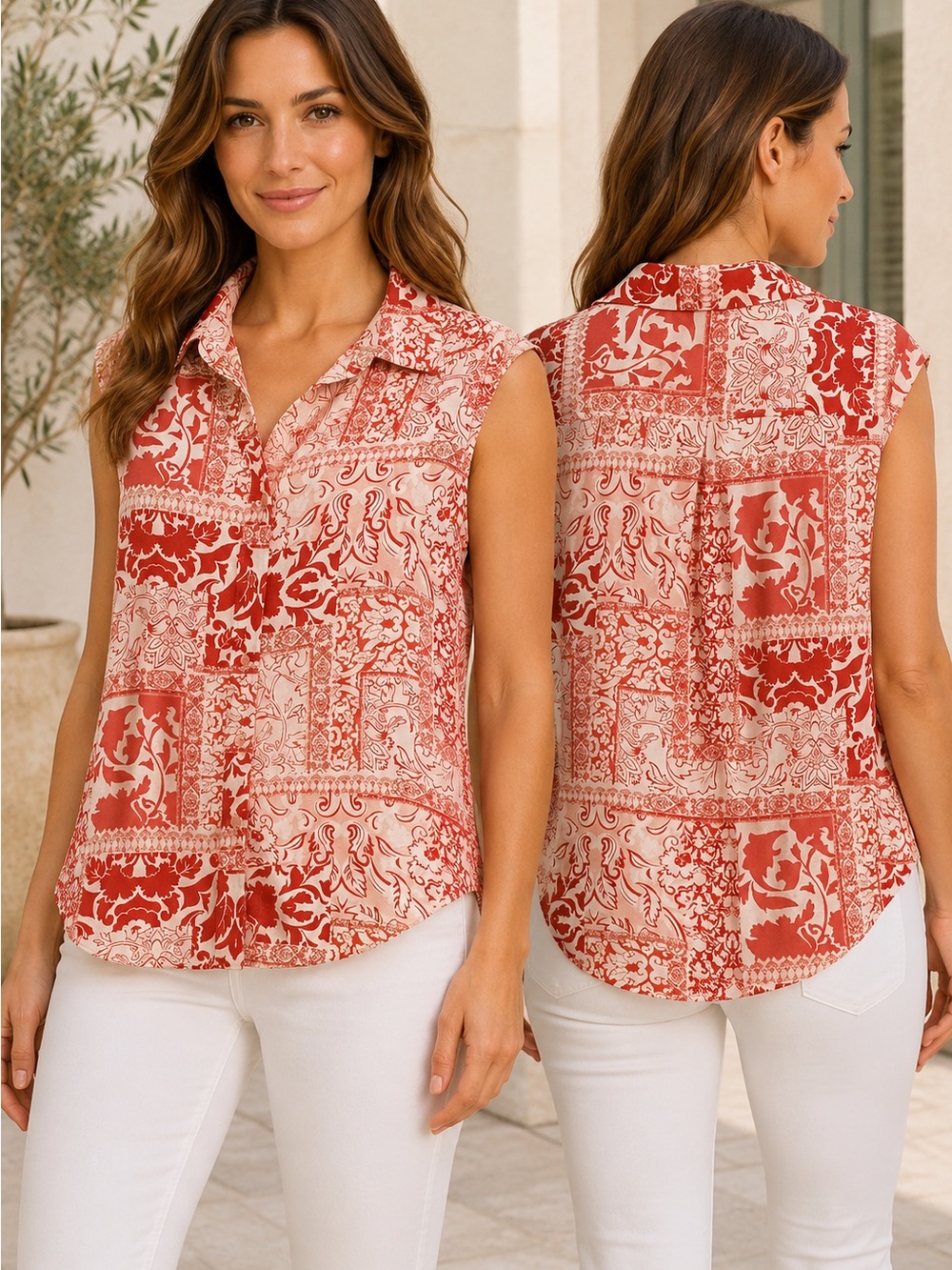 Mossimo Supply Co. Red Patchwork Print Sleeveless Button-Front Blouse - Picture 1 of 4